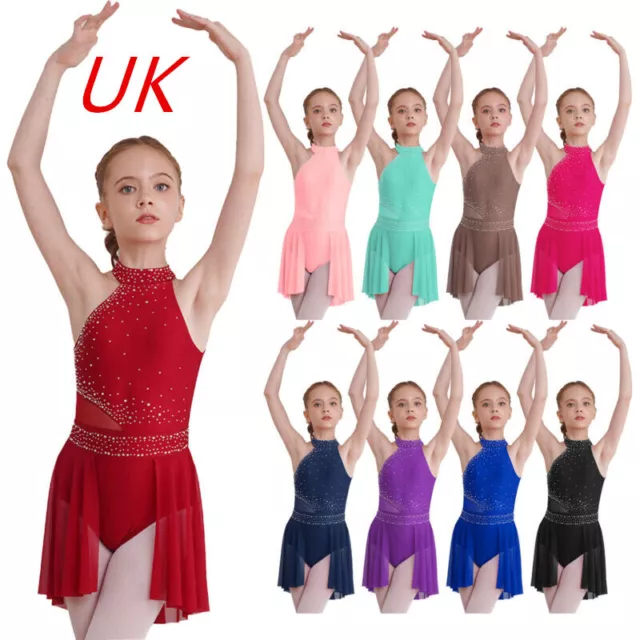 UK Kids Girls Leotard Dress Glittery Lyrical Dance Dresses Solid Color Dancewear