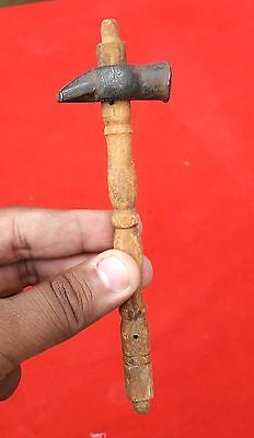 Old Early Primitive Hand Forged Miniature Iron Hammer Tool Wooden Fitting 2