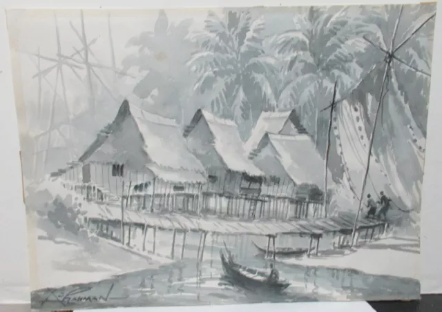 A.j. Rahman Old Vietnam Fisherman Village Watercolor Landscape Painting