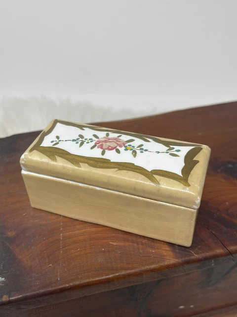 Antique Elfinware Hand Painted Porcelain Stamp Box Brown Floral Trinket Germany