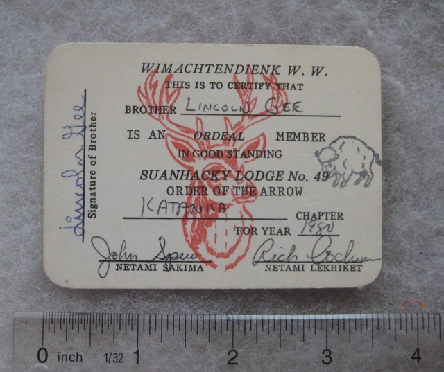 Boy Scout OA SUANHACKY Lodge 49 Lincoln Gee Ordeal Membership Card 1980 50th Ann