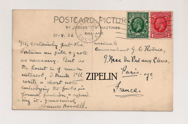Carte postale autographe de James Hornell au Commandant Guilleux La Roërie 1936