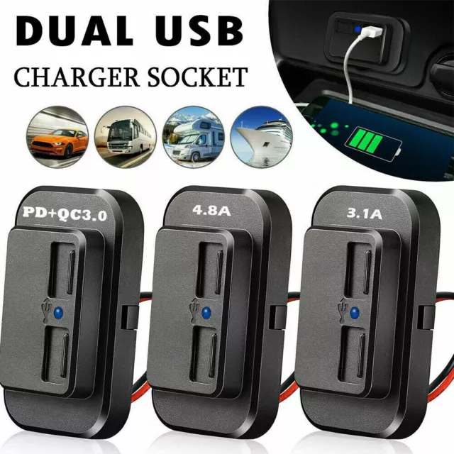 12/24V Dual USB Port Car RV Fast Charger PD+QC3.0 Socket Power Outlet Waterproof