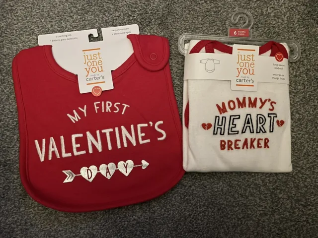 NWT Tags Carter’s 1st Valentine’s Day Bib & Mommy’s Heartbreak Bodysuit 6 Month