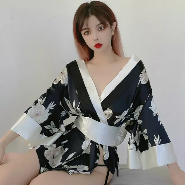 Lady Faux Silk Floral Bathrobe Sleepwear Nightgown Sexy Kimono Yukata Robe