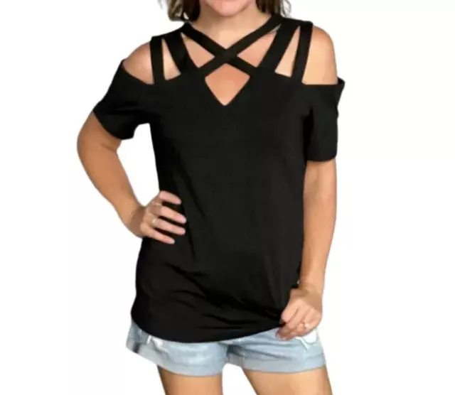 Women Black Criss-Cross Cut Out Short Sleeve Top Cold Shoulder Tee Womens Top