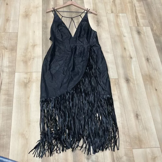 Asos Womens Black Fringe Hem Sleeveless Strappy Back Midi Sheath Dress Size 12