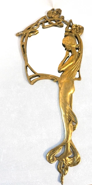 VTG Art Nouveau Deco Style Woman Brass Hand Vanity Mirror 16.5"