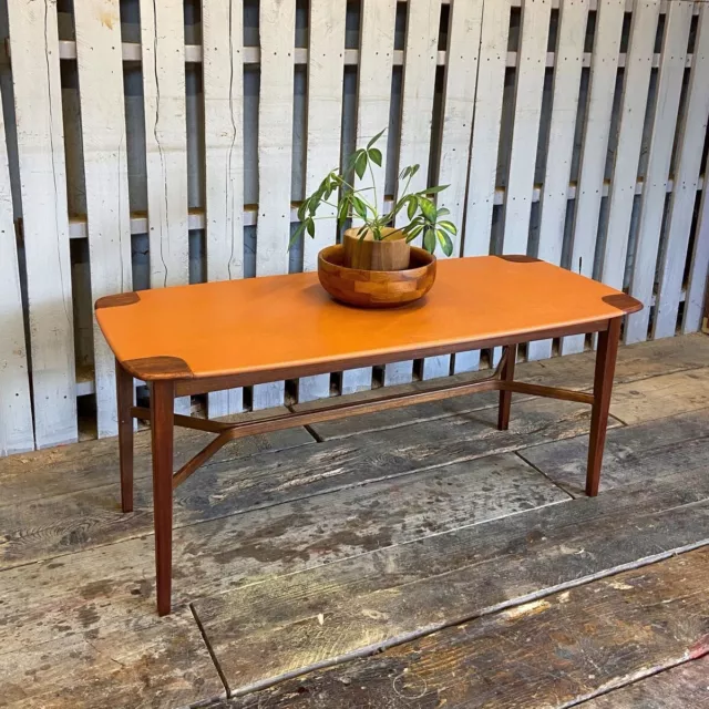 Unusual 1960s Vinyl Topped Teak Coffee Table Vintage Retro Mid Century