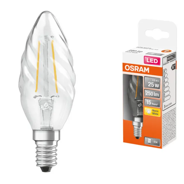 Osram LED Filament Lampe Kerze gedreht 2,5W = 25W E14 klar 250lm warmweiß 2700K