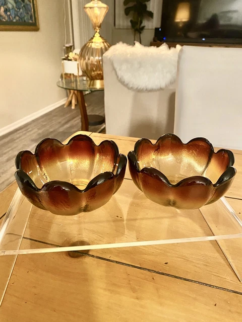 GORGEOUS Vintage Indiana Glass Lotus Flower Petal Bowl x2 Orange Peel Amber