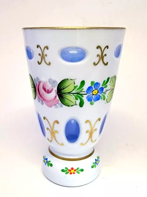 Vintage Bohemian Hand Painted Milk Glass Cut To Clear/Blue Vase Art Glass