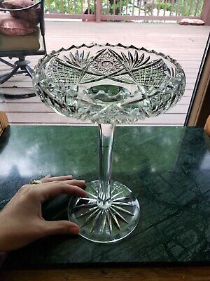 9" COMPOTE American brilliant Period Cut glass Crystal Pairpoint Hobstars SD Fan