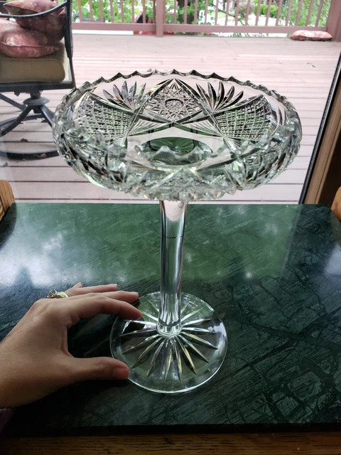 9" COMPOTE American brilliant Period Cut glass Crystal Pairpoint Hobstars SD Fan