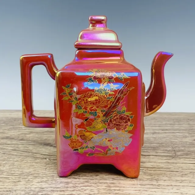 7.3" Old Porcelain song dynasty ru kiln QingLiangSi mark qicai peony bird Teapot