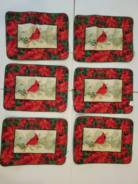Set of 6 St Nicholas Square 100% Cotton Poinsettia & Red Cardinal Bird Placemats
