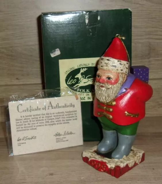 LEO SMITH FOLK ART 1998 Santa Ornament Original Box with COA - MINT