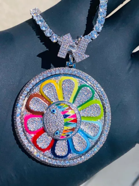 Men's Silver Tennis Murakami Rainbow Flower Colorful  CZ Iced icy Pendant Chain