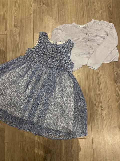 NEXT Girls Blue Floral Chiffon Dress And Blue Cardigan Outfit Set Age 4-5 Years