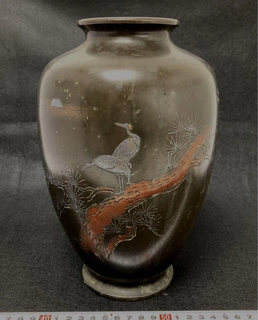 Crane Bird Old Bronze VASE Height 9.4 inch Japanese Antique Inlay Engraving