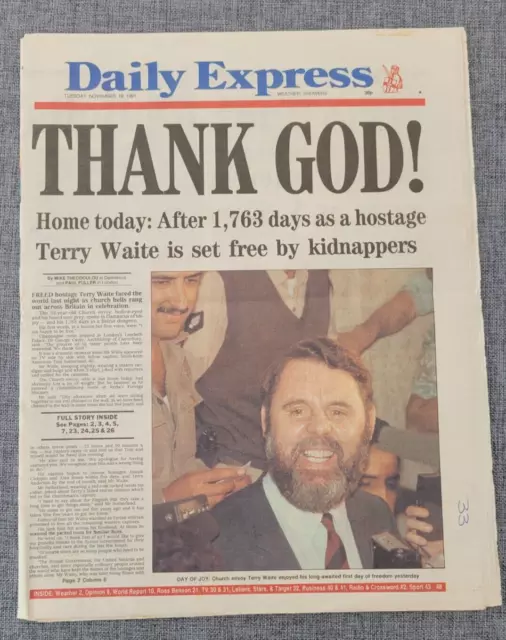 Daily Express 19 Nov 1991 Terry Waite Set Kostenlos Nach 1763 Tagen Beirut Zeitung