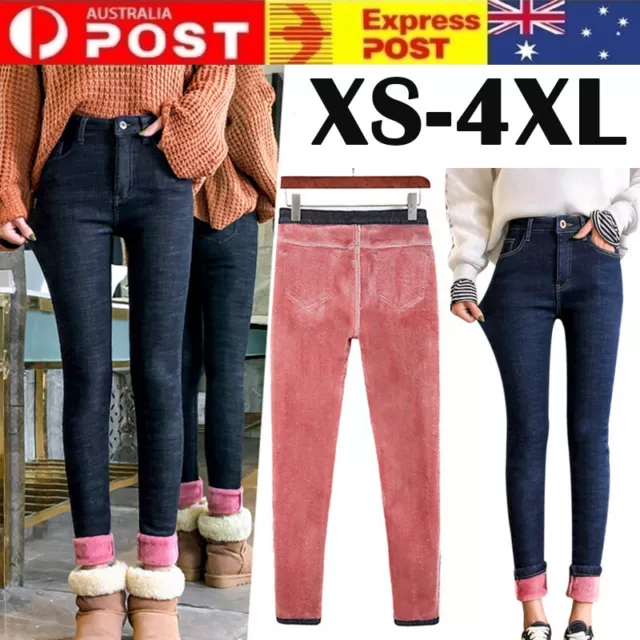 Woman High Waist Thermal Fleece Jeans Winter Warm Stretch Slim Pants Trousers AU