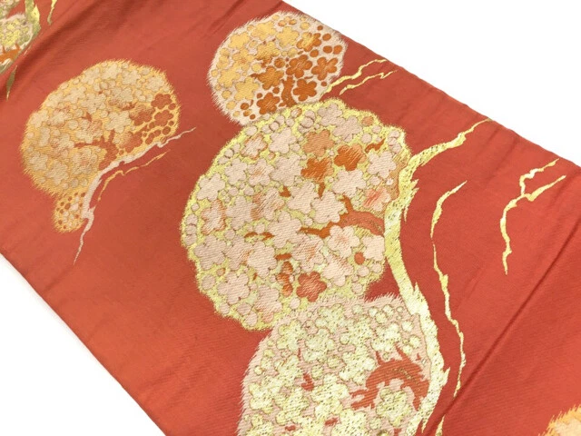 36157# Japanese Kimono / Antique Nagoya Obi / Woven Pine With Ume