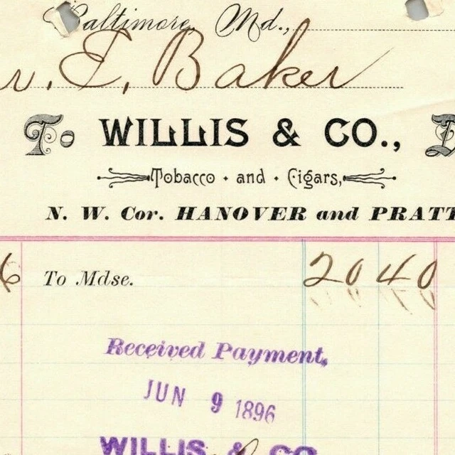 1896 Letterhead / Billhead Willis & Co. Tobacco Cigars Baltimore Ephraim Baker*