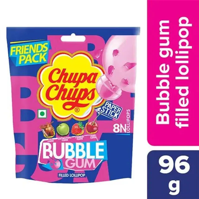 Chupa Chups Assorted Bubble Gum Filled Lollipop - Friends Pack, 96 gm (8 pcs)