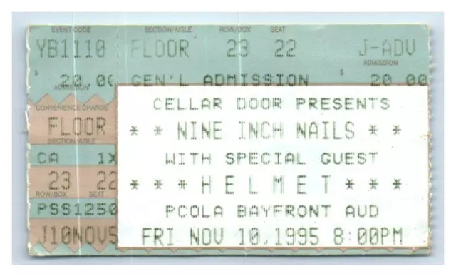 Nine Inch Nails Helmet Concert Ticket Stub November 10 1995 Pensacola Florida