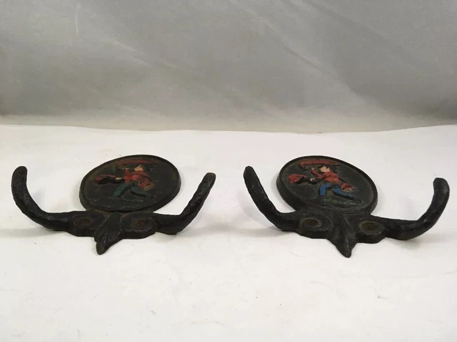 Cast Iron Wall Coat Hooks Top Hat Man Blowing Horn Figure Vintage Set of 2 2