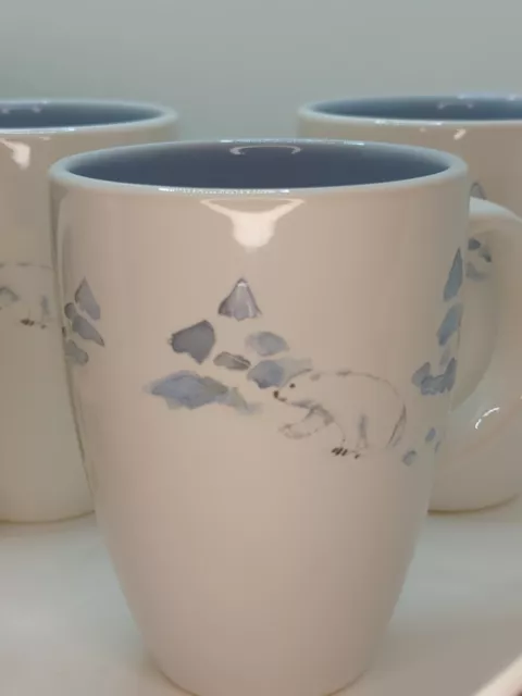 Pfaltzgraff Winter Frost Tall Coffee Mugs Cups Polar Bears Set 4 blue white tree