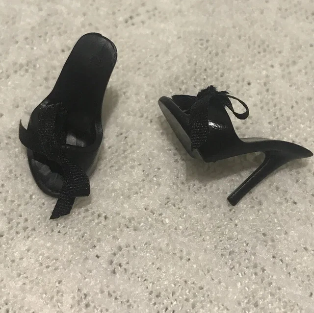 Shoes ~ Barbie Doll Model Muse Black Jazz Baby Diva Bow Peep Toe Slides Mules