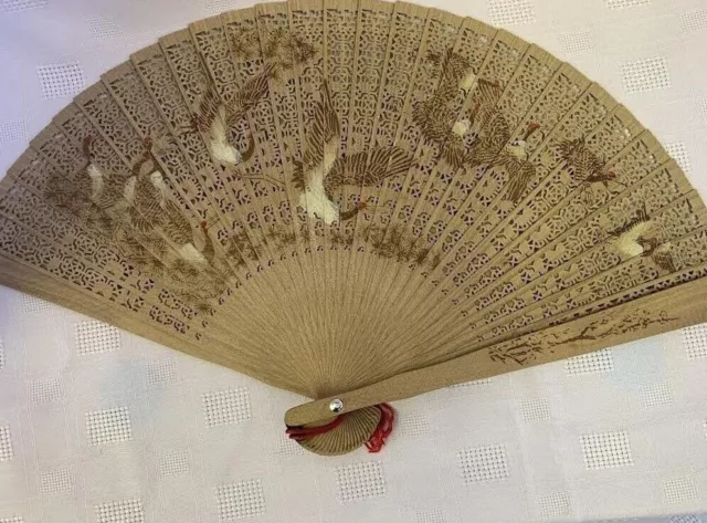 Chinese Hand Fan Wooden Carved Painted with Bird Design on both sides with Box