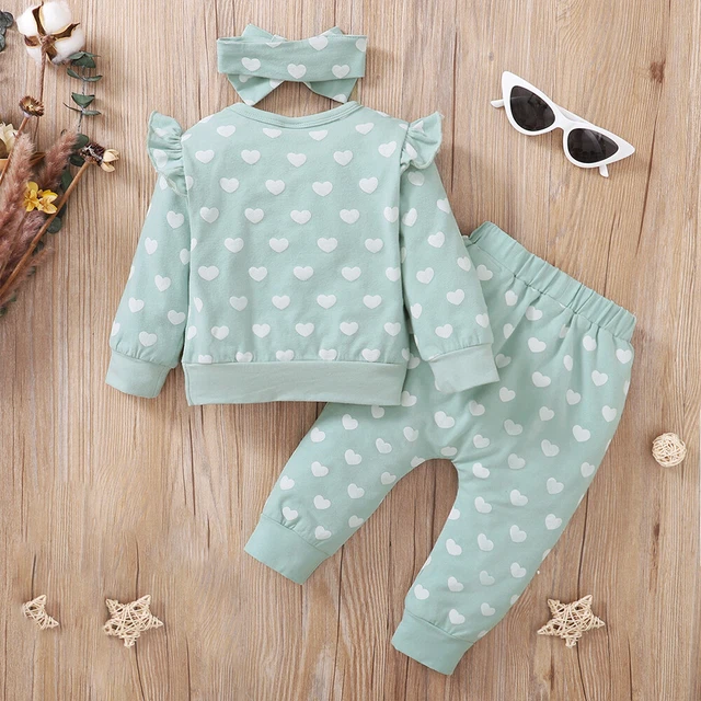 Kids Baby Girls Heart Print Ruffle Romper Tops Pants Headband Set Outfit Clothes 10