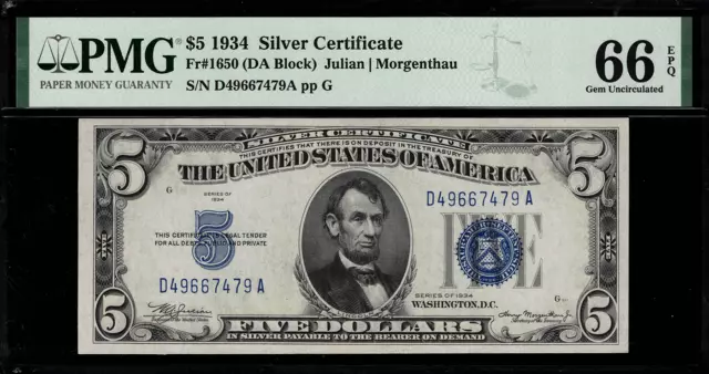 1934 $5 Silver Certificate FR-1650 - Graded PMG 66 EPQ - Gem Uncirculated
