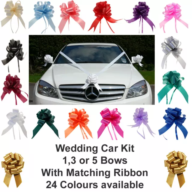 Wedding Car Decoration Kit 1, 3, 5 Large 50mm Pull Bows & 7 Metres Poly Ribbon