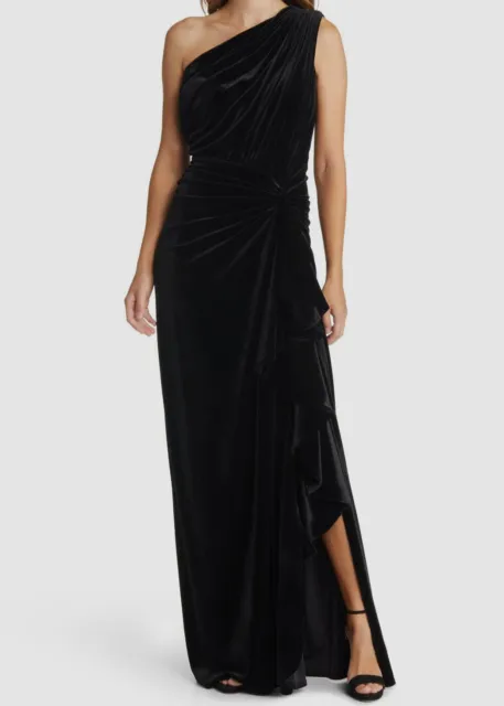 $429 Tadashi Shoji Women's Black Velvet One Shoulder Draped Gown Dress Size XS
