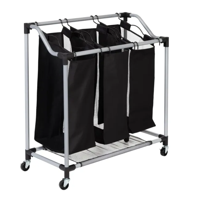 3-Bag Laundry Hamper Sorter Basket Rolling Cart W/Removable Laundry Bags Black