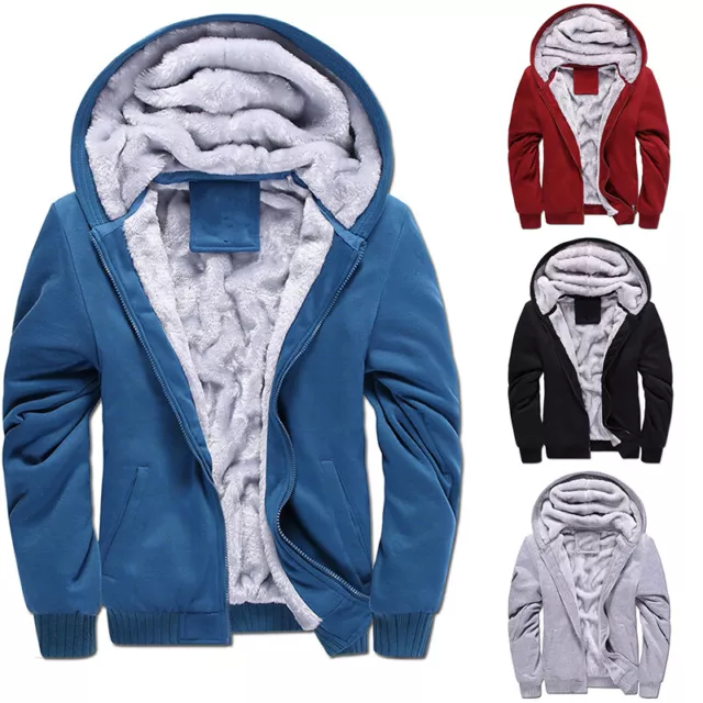 Men Winter Warm Sherpa Fleece Hoodie Zip UP Sweater Jacket Fur Lined Hooded Coat