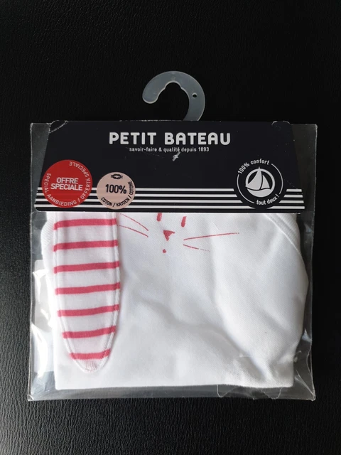 NEUF - Doudou plat Blanc Rouge Oreilles Rayé Petit bateau Lapin Coton