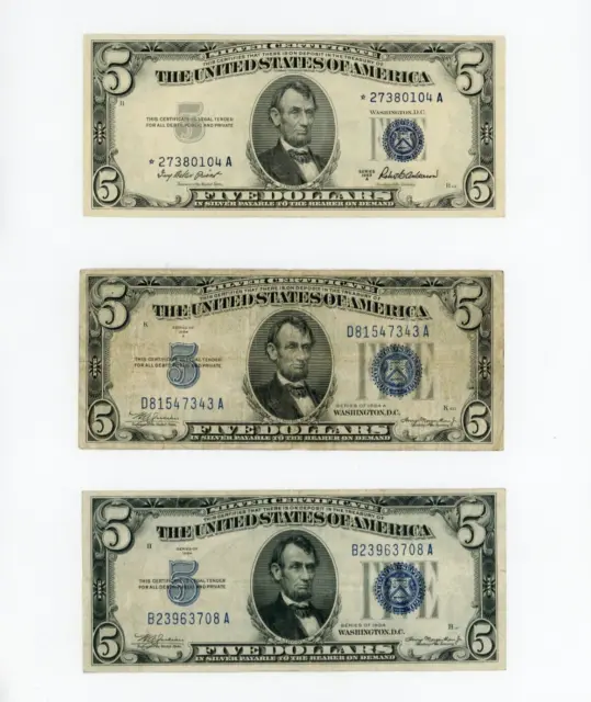 2X 1934 1X 1953 $5 Five Dollar Silver Certificate Blue Seal Star Note - 3 Notes