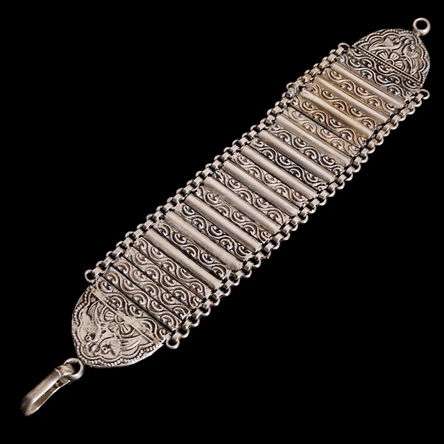Bracelet Ancien En Argent émaillé Bleu Avec Gravures - Style Jonc - Bijou Vintage En Très Bon état