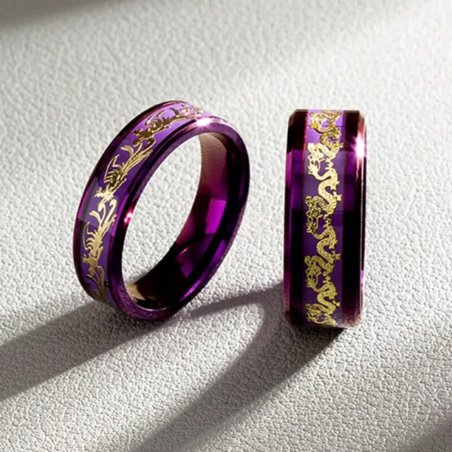Purple Titanium Ring Wth Dragon and Phoenix Motifs Personalities Trendy