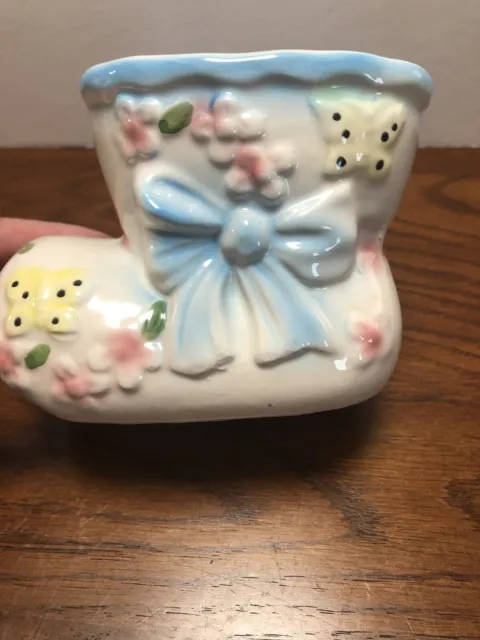 Nancy Pew Planter Baby Bootie Ceramic Blue Pink 5 Inches Vintage