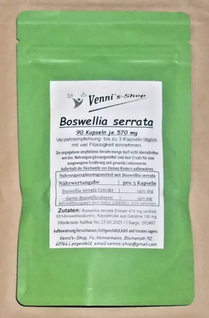 Boswellia serrata 90 Kapseln je 570 mg - Extrakt 10:1 - vegan