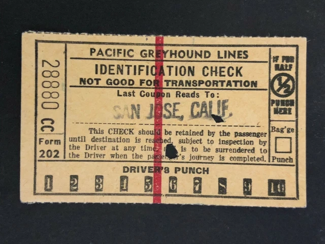PACIFIC GREYHOUND BUS Lines I.D. Check / Ticket 