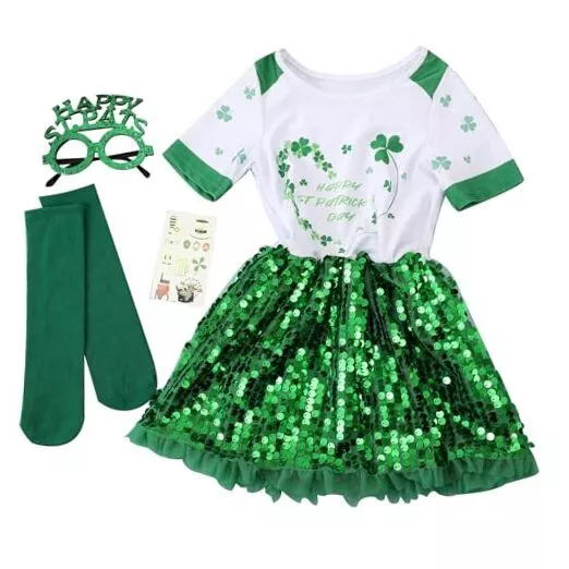 St. Patrick´s Day Toddler Girls Outfit, 2-10T Green Sequin Toddler Girls 8-10T