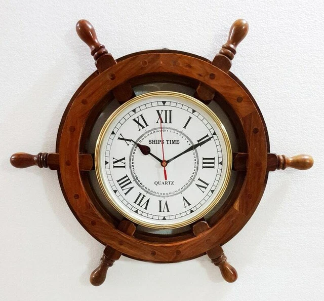 VINTAGE MARINE 18& Wooden Ship Wheel Porthole Vintage Clock Nautical