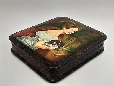 Fedoskino Russian Lacquer Box Lady with dog Hand painted 2006 jewelry casket 2